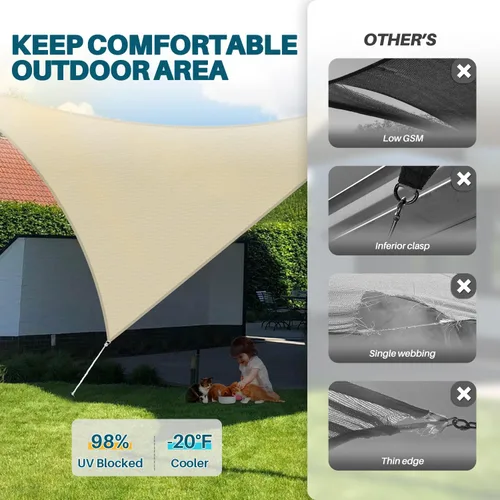 Vista 4 de Coarbor Toldo tipo vela de 20 x 20 x 20 pies, para exteriores, resistente, triangular, tela para patio, jardín, terraza, pérgola, toldo beige