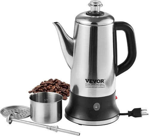VEVOR Cafetera Eléctrica de 12 Tazas con Percolador, Cafetera de Acero Inoxidable 304 con Función de Mantenimiento en Calor y Mango Resistente al