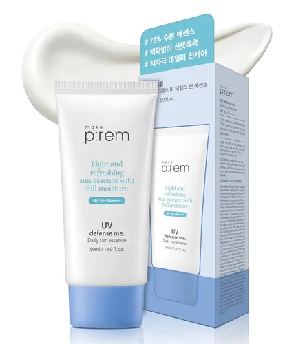 MAKEPREM UVA UVB Defense Me Daily Sun Essence - Gel de protección solar para maquillaje VEGANO SPF 50+ PA++++ 1.69 fl oz seguro para los arrecifes,