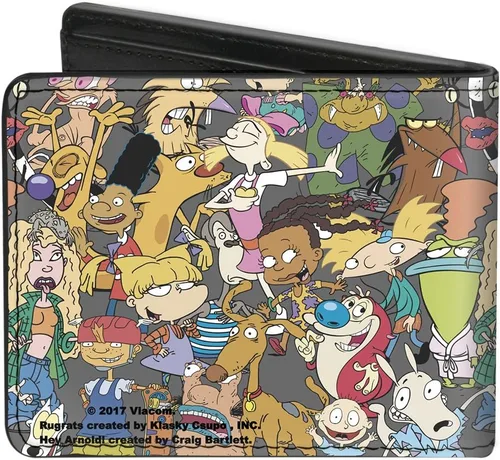 Vista 2 de Nickelodeon Buckle-Down Pu Bifold - Billetera de personajes de Nick 90's Rewind Mutli, collage gris bi plegable, rebobinado de muestra de níquel