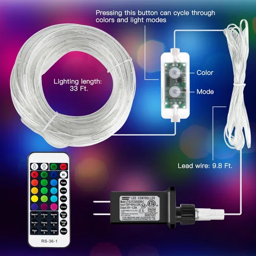 Vista 8 de Minetom Cuerda de luces que cambian de color para exteriores, tira de 100 luces LED de 33 pies con enchufe y control remoto, luz de Navidad
