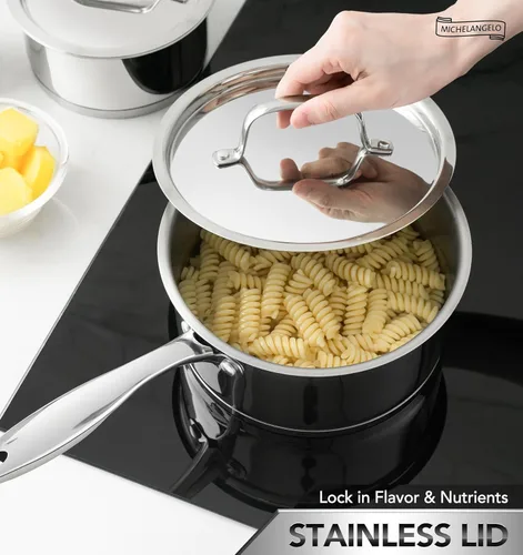 Vista 2 de Juego de sartenes de acero inoxidable MICHELANGELO con tapas de acero inoxidable, sartén con tapa de fondo de tres capas, juego de ollas de salsa