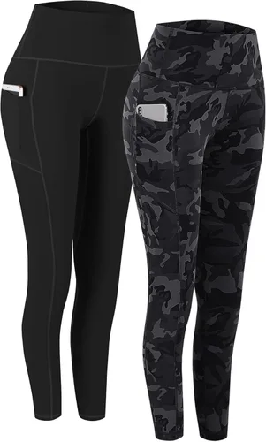 Fengbay - Paquete de 2 pantalones de yogaleggings de cintura alta con control de abdomen y bolsillos, para correr y entrenar, con elasticidad en 4