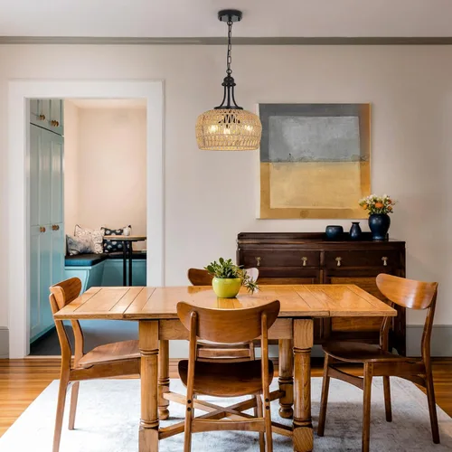 Vista 3 de HMVPL Lámpara de araña de granja para comedor, 3 luces, estilo bohemio, de ratán, lámpara colgante de techo con pantalla tejida, pequeña lámpara