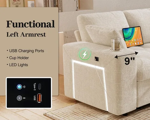 Vista 5 de Sofá modular modular de 86 pulgadas en forma de L, 5 asientos con cama Beige