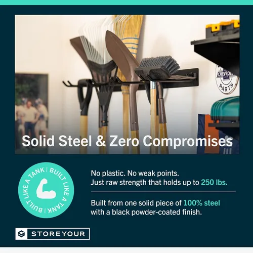 Vista 4 de StoreYourBoard Estante Montado en Pared con 4 Ganchos de Garaje – Soporte de Acero Resistente para Almacenamiento de Garaje y Jardín para Cobertizo