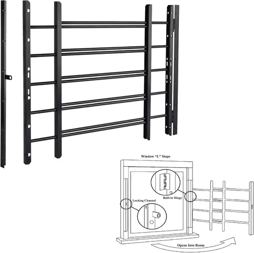 Vista 13 de Grisham PP SPAG Barras de Seguridad para Ventanas con Liberación Rápida de Emergencia, (Blanco, 5 Barras) 22'' de Alto x 22''- 42'' de Ancho