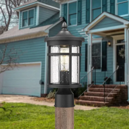 Vista 3 de Lámpara de poste para exteriores, 9 pulgadas de diámetro, farol exterior grande y moderno con acabado negro y vidrio sembrado, iluminación de poste