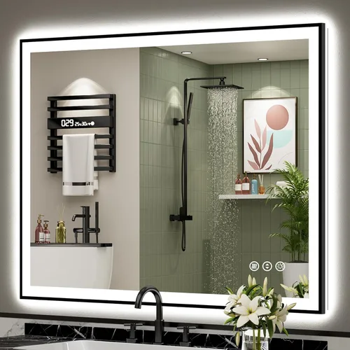 Vista 15 de Espejo de baño LED de 48 x 30 pulgadas con luces, retroiluminado + frontal iluminado, espejo de tocador con luz antiniebla para pared de baño con 3