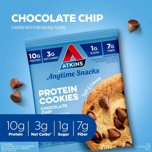 Vista 2 de Atkins Galleta de proteína con chispas de chocolate, postre proteico, rico en fibra, 0.11 onzas de carbohidratos netos, 0.04 oz de azúcar, apto