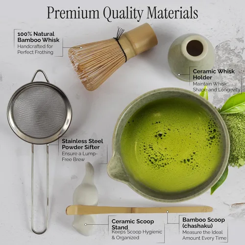 Vista 4 de Juego de batidor de matcha, juego de 8 piezas de matcha japonés, juego de matcha de ceremonia con tamiz de matcha, cuenco de matcha, soporte