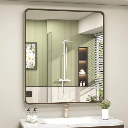 Vista 65 de OKPAL Espejo de Baño con Marco de Metal Negro de 40 x 36 Pulgadas para Pared, Espejo de Tocador de Baño Negro Mate, Espejo Rectangular Redondeado