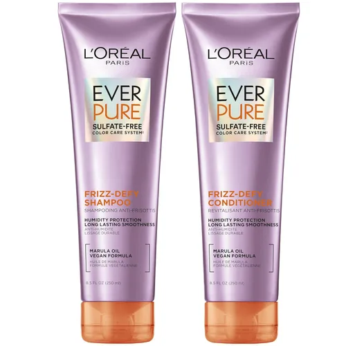 L'Oreal Paris Frizz Defy - Juego de champú y acondicionador, control del encrespamiento, cuidado del cabello con aceite de marula, EverPure, 8.5