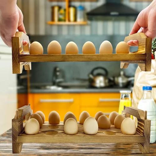 Vista 8 de Soporte para huevos de madera, bandejas apilables de almacenamiento para 36 huevos de pollo fresco, organizador de huevos Deviled, decoración