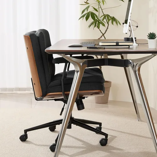 Vista 16 de Armless Modern Walnut Office Desk Chair with Wheels, PU Leather Adjustable Wide Swivel Executive Task Chair, Ergonomic Cross Legged Computer Chair