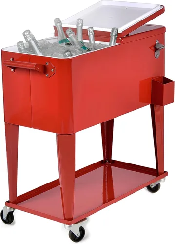 Vista 8 de HAPPYGRILL 80 Quart Rolling Cooler Cart with Lockable Wheels, Outdoor Beer Beverage Cooling Ice Chest with Bottle Opener & Cap Catcher, for Party