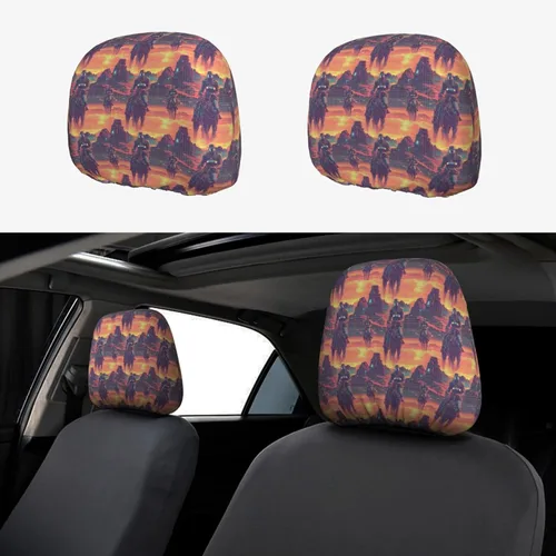 Headrest Covers for Cars Accessories Interior for Women Men 2Pcs - Cyber ​​Retro Western Cowboy Print Head Rest Cover for Car Decor, Fashion