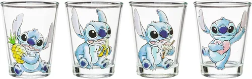 Vista 2 de Silver Buffalo Disney Lilo and Stitch Poses con fruta, helado y corazón, paquete de 4 mini vasos, 1.5 onzas