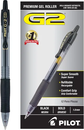 PILOT G2 Bolígrafos de gel de alta calidad, con punta gruesa y retráctil, recargables, de tinta negra, paquete de 12 unidades (31256)