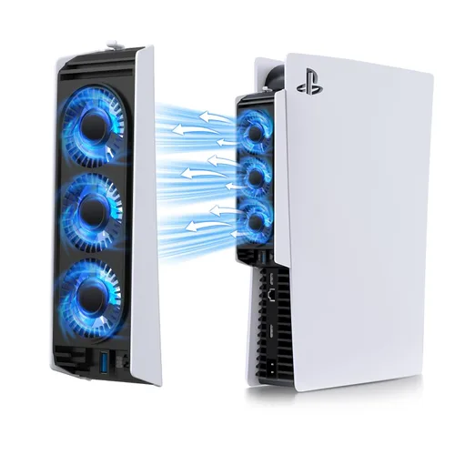 PS5 Cooling Fan, IINE Quiet Cooler Fan with LED LightAuto Temperature SensorUSB3.0 Hubs, Cooling Accessories Compatible with PS5 Digital Edition or