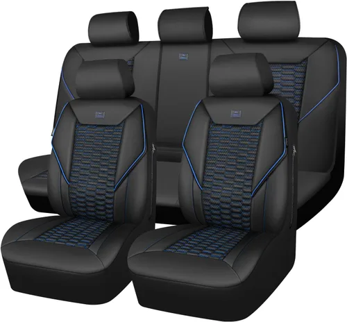 Vista 27 de CAR PASS Juego completo de fundas para asientos de coche de malla de espuma 3D de cuero, fundas para asientos de coche de malla transpirable