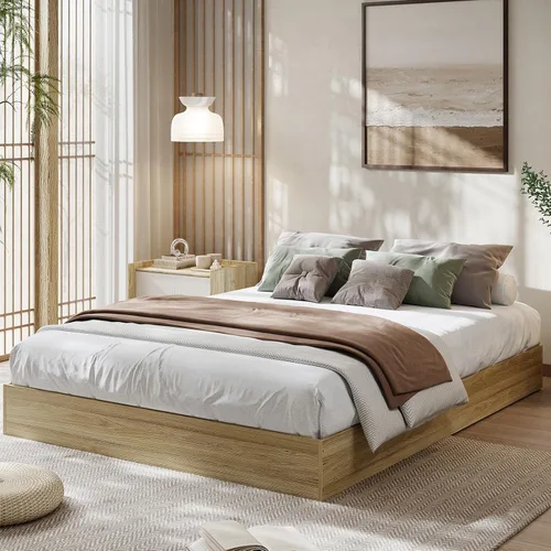 Vista 14 de GarveeHome Marco de cama de plataforma de madera de tamaño individual, marco de cama de madera sin cabecero, soporte de listones de madera,