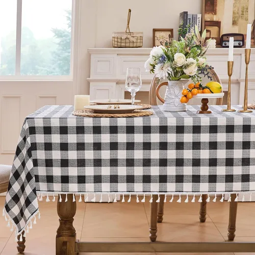 Vista 19 de JIALE - Mantel a cuadros de otoño de estilo Gingham, de lino de algodón rectangular con borla, lavable, sin arrugas, mantel de estilo Buffalo Plaid