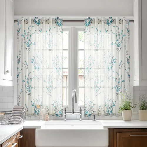 Vista 16 de MYSKY HOME Cortinas de cocina florales de lino de 36 pulgadas de largo, juego de 2 paneles sobre el fregadero, cortinas de media ventana