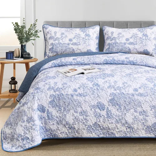 Vista 7 de WONGS BEDDING Juego de edredón azul tamaño individual, juego de 2 piezas de colchas botánicas de microfibra ligera con patrón de plantas de toile