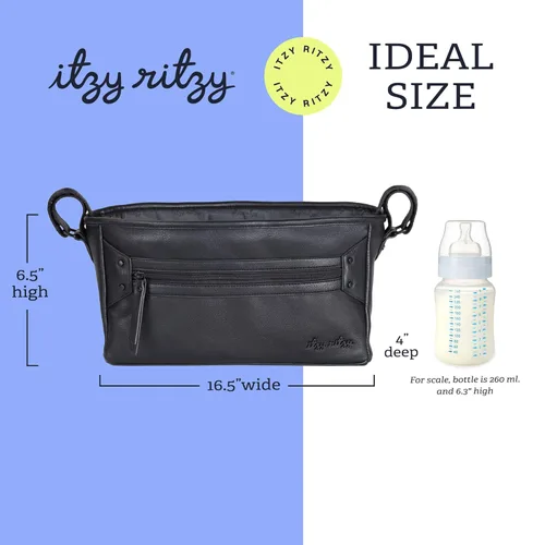 Vista 8 de Itzy Ritzy Carrito ajustable para cochecito y bolsa organizadora con bolsillo frontal con cremallera, 2 bolsillos interiores integrados y correas