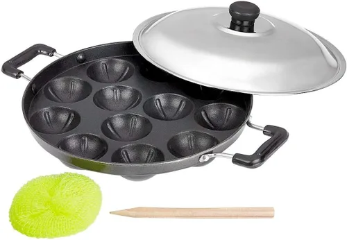 Vista 3 de Sartén antiadherente Appam Patra Paniyaram – 12 hoyos Appam Maker con tapa, Takoyaki y Aebleskiver danés relleno para panqueques