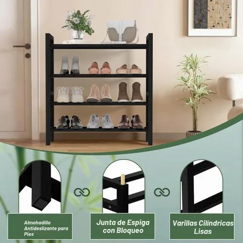Vista 6 de Zapatero de bambú organizador de zapatos de pie libre, negro, 4 niveles Natural