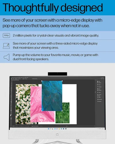 Vista 3 de HP 22-dd0032 Computadora de escritorio todo en uno, pantalla de microborde Full HD de 21.5 pulgadas, procesador AMD Ryzen 3, gráficos AMD Radeon, 8