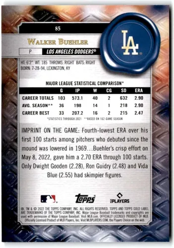 Vista 2 de Baseball Trading Card MLB 2022 Topps Gold Label Class 1#85 Walker Buehler NM Near Mint Dodgers