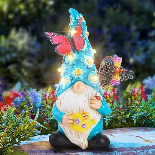 Estatuas de Gnomo de Jardín Foreby para Decoración al Aire Libre, Gnomos Solares con Mariposas en Flores LED Iluminadas, Escultura de Gnomos Azules