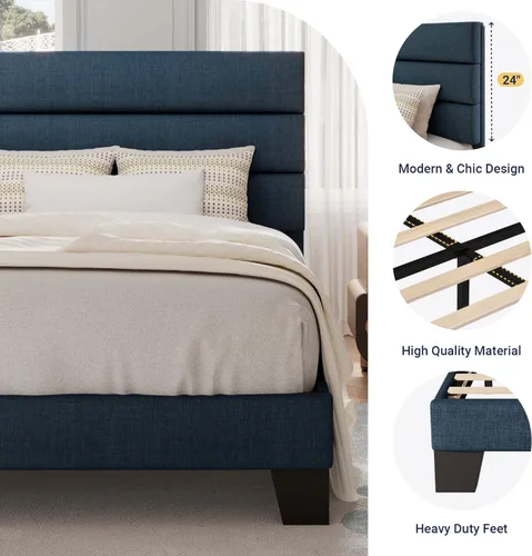 Vista 89 de Allewie - Base de cama tamaño King con cabecera tapizada en tela y soporte de listones de madera; base de colchón completamente tapizada; no Azul