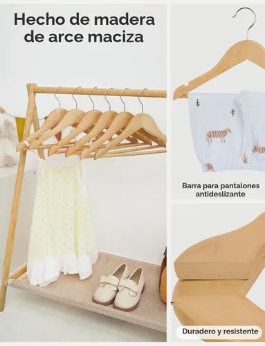 Vista 4 de StorageWorks Perchas para bebé, paquete de 20 unidades, organizador de ropa de madera de arce para niños, colgador de madera con barra para Beige