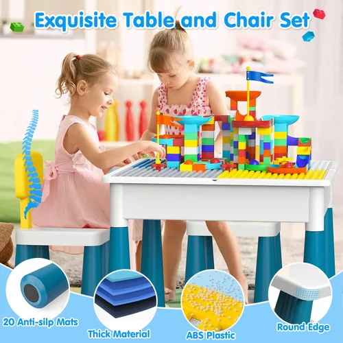 Vista 5 de OCATO Juego de mesa y 4 sillas para niños pequeños: mesa de actividades con 152 piezas de bloques de construcción grandes de mármol