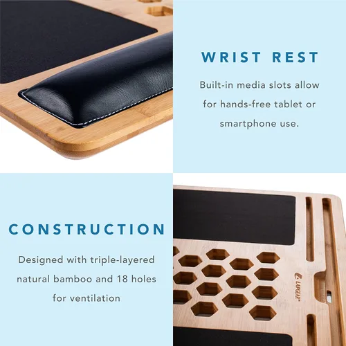Vista 4 de LAPGEAR Bamboo Pro - Tabla de regazo con reposamuñecas, alfombrilla de mouse y soporte para teléfono, natural, se adapta a portátiles de hasta 17.3