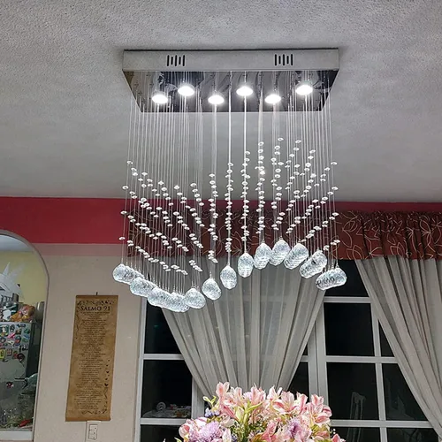 Vista 3 de Araña moderna de onda, araña rectangular de cristal con gotas de lluvia, montaje empotrado, lámpara colgante de techo cromada, ideal para comedor