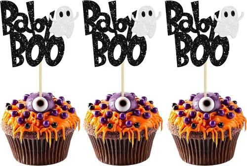 Vista 10 de Ephlyn 24 adornos negros para tartas de Halloween con purpurina fantasma Negro Halloween
