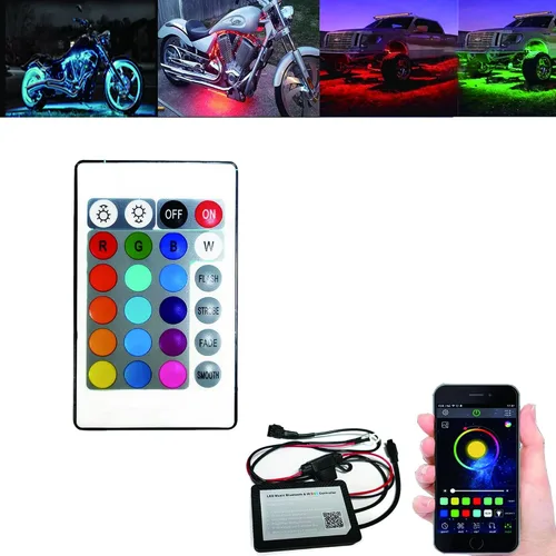 Controlador de luz LED con control remoto inalámbrico IR/APP, creó 15 Mluiticolors RGB y 22 funciones dinámicas para tira de luz LED de motocicleta