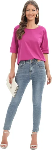 Vista 3 de Womens Elbow Length Sleeve Tops Summer Fashion Cotton Blouses Casual Tunic Tee Shirts