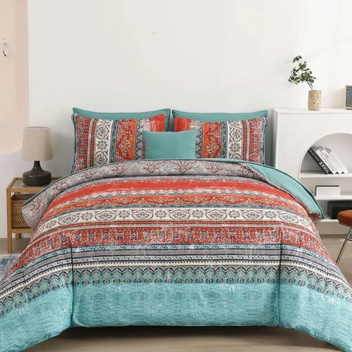 Vista 27 de Cottolester - Juego de edredón bohemio de tamaño matrimonial, 8 piezas, ropa de cama de microfibra suave en una bolsa, rayada y de color aguamarina