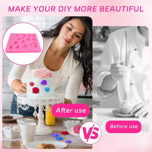 Vista 5 de OBTANIM Molde de silicona para fondant, 21 cavidades, rosa, flor, pastel, cupcake, decoración superior, molde para chocolate, caramelo hecho a mano