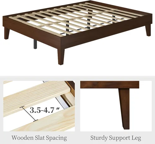 Vista 32 de Yaheetech Base de cama matrimonial con plataforma de madera maciza natural con soporte de listones de madera, espacio debajo de la cama de 12 Nogal