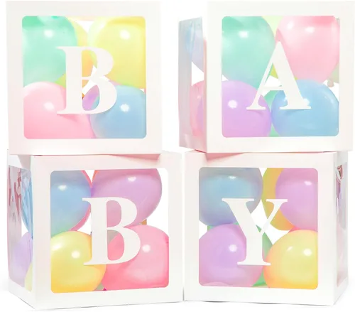 Vista 8 de Voircoloria Cajas de bebé con letras para baby shower, 4 cajas de globos transparentes con letras para revelación de género, cumpleaños, boda, Negro
