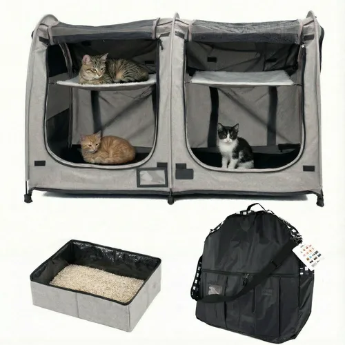 Vista 11 de Mispace - Jaula portátil de doble compartimiento para exposición, para gatos, cómoda jaula de viaje para perros con bolsa de transporte, 2