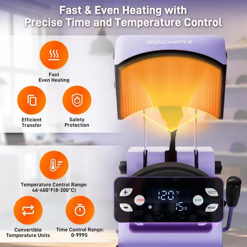 Vista 3 de GOCHIFIX máquina de prensa de calor automática para gorras, apertura/liberación automática, 4 modos de memoria, control preciso
