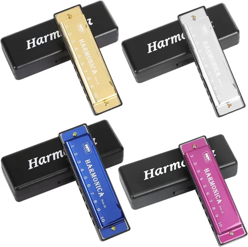 Vista 11 de UPINS Armónica, 4 piezas, armónica de 10 agujeros y 10 tonos en clave de Do, color titanio, con estuche para principiantes (negro)
